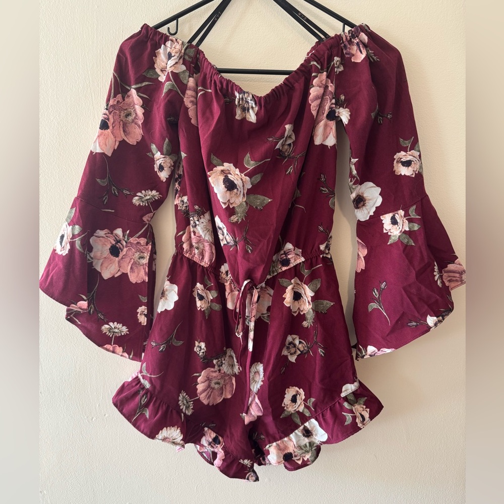 Moving Sale! Floral Burgundy Off-Shoulder Romper